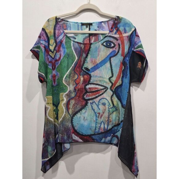 New! Radzoli Abstract Artsy Face Sheer Layering Top Shark Bite Hem Boho, M - Picture 2 of 7